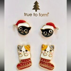 TRUE TO FORM 2 Pair Christmas Kitty Cats Kittens Santa Hat Stocking Earrings NWT